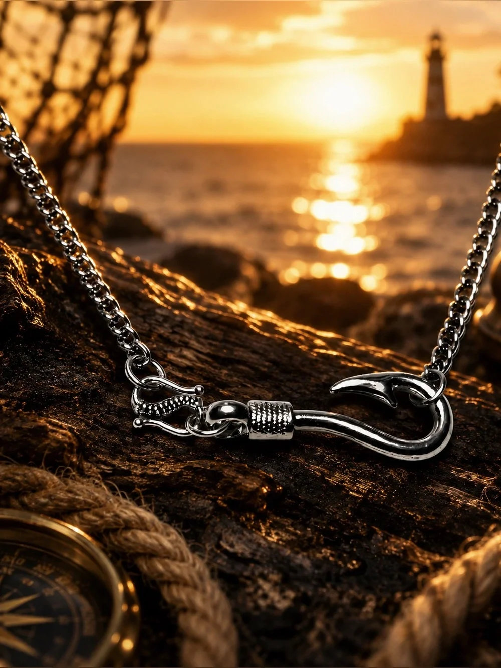 Silver Fish Hook Necklace, Men’s Statement Pendant, 23
